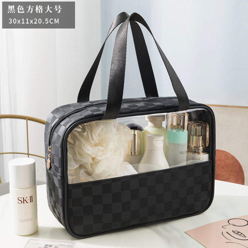 PU checkered cosmetic bag, large-capacity portable travel storage bag, European-style waterproof light luxury high-quality transparent toiletry bag detail image 11
