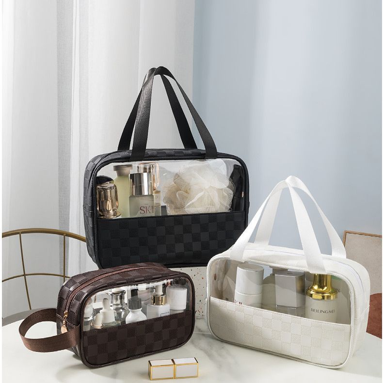 PU checkered cosmetic bag, large-capacity portable travel storage bag, European-style waterproof light luxury high-quality transparent toiletry bag detail image 13