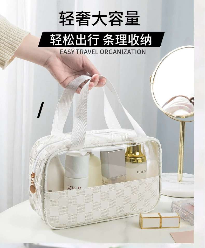 PU checkered cosmetic bag, large-capacity portable travel storage bag, European-style waterproof light luxury high-quality transparent toiletry bag detail image 7