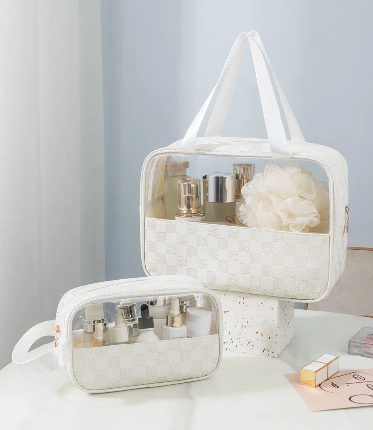 PU checkered cosmetic bag, large-capacity portable travel storage bag, European-style waterproof light luxury high-quality transparent toiletry bag detail image 12