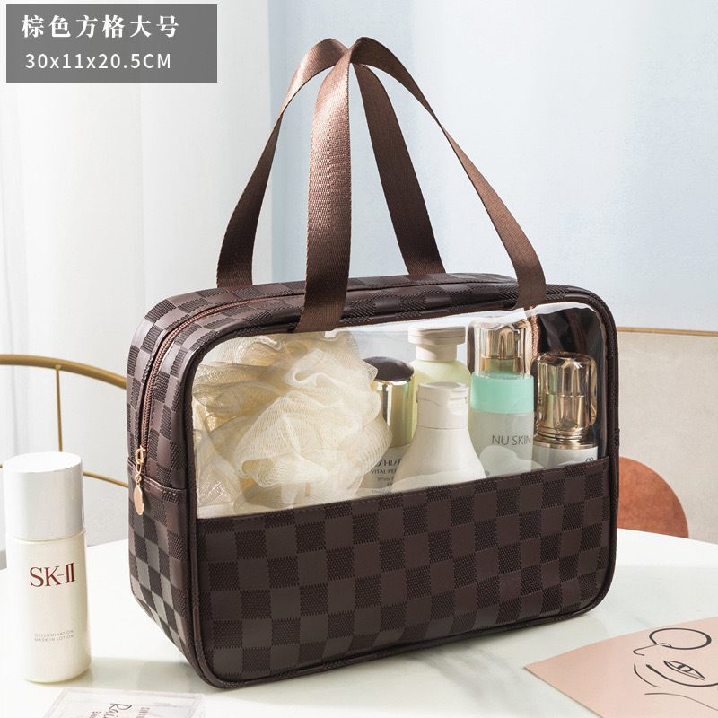 PU checkered cosmetic bag, large-capacity portable travel storage bag, European-style waterproof light luxury high-quality transparent toiletry bag Specification image