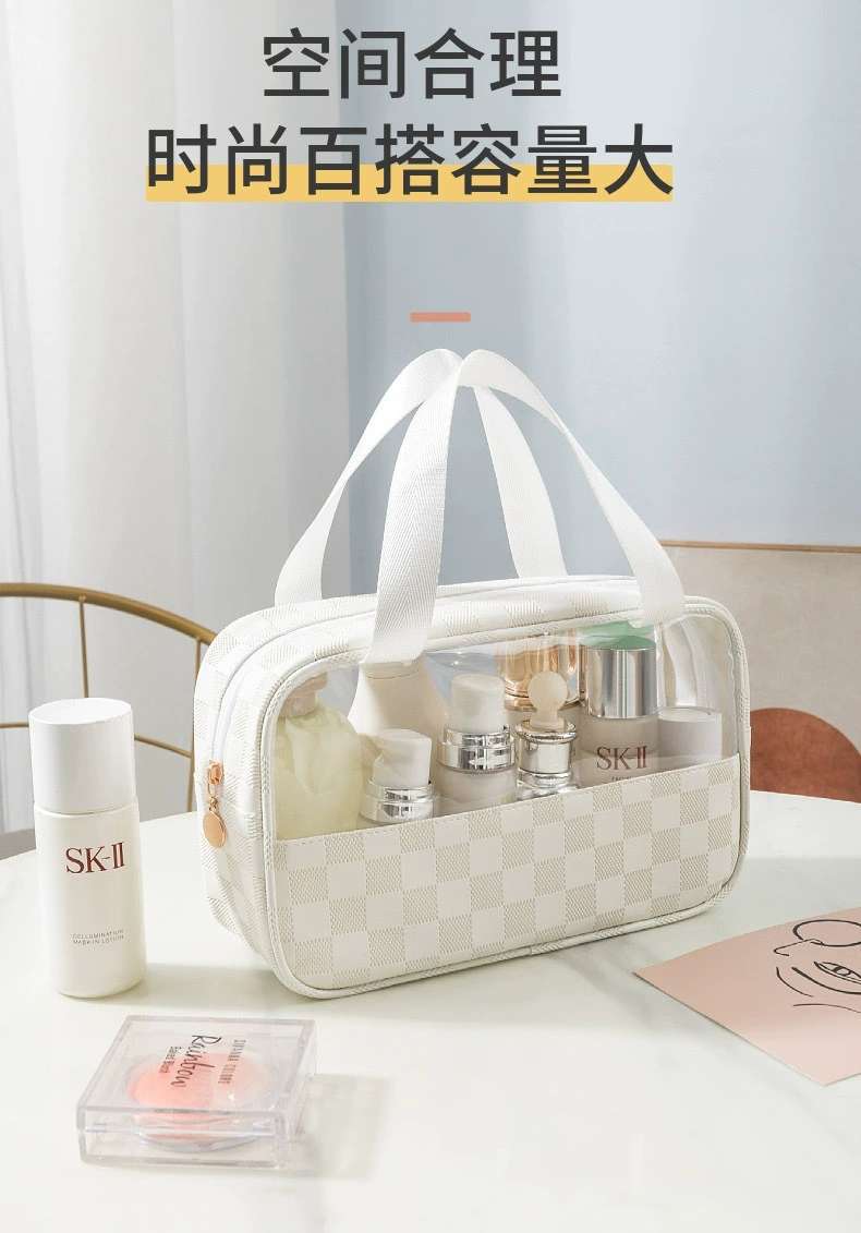 PU checkered cosmetic bag, large-capacity portable travel storage bag, European-style waterproof light luxury high-quality transparent toiletry bag detail image 6
