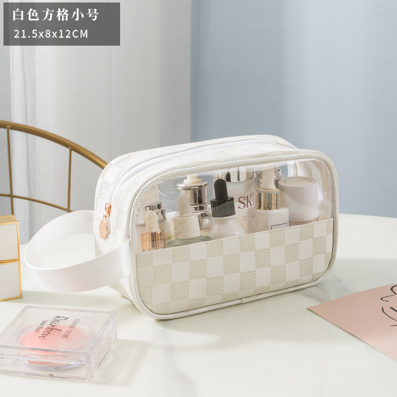PU checkered cosmetic bag, large-capacity portable travel storage bag, European-style waterproof light luxury high-quality transparent toiletry bag detail image 10