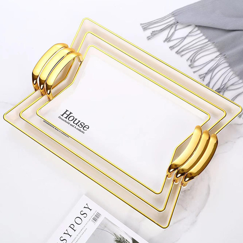 Cross-border light luxury double-ear tray, household fruit plate for tea cups, popular tea plate for living room and dining room, high-end water cup storage