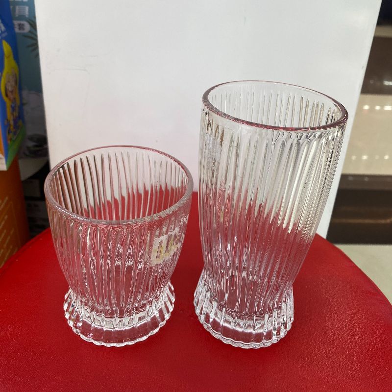 ins风玻璃杯家用小细腰条纹水杯女简约牛奶咖啡杯饮料杯洋酒杯子白底实物图