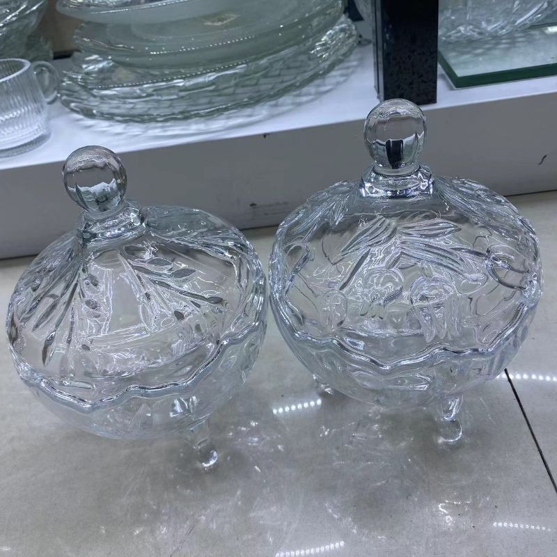 自助餐厅水晶玻璃糖果罐带盖储物陈列干果罐水果罐头沙拉碗甜品盅白底实物图