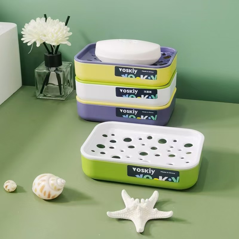 W60-VSK-016 Household soap box, bathroom plastic soap box, double-layer draining soap box, student dormitory balcony laundry soap rack Item Picture