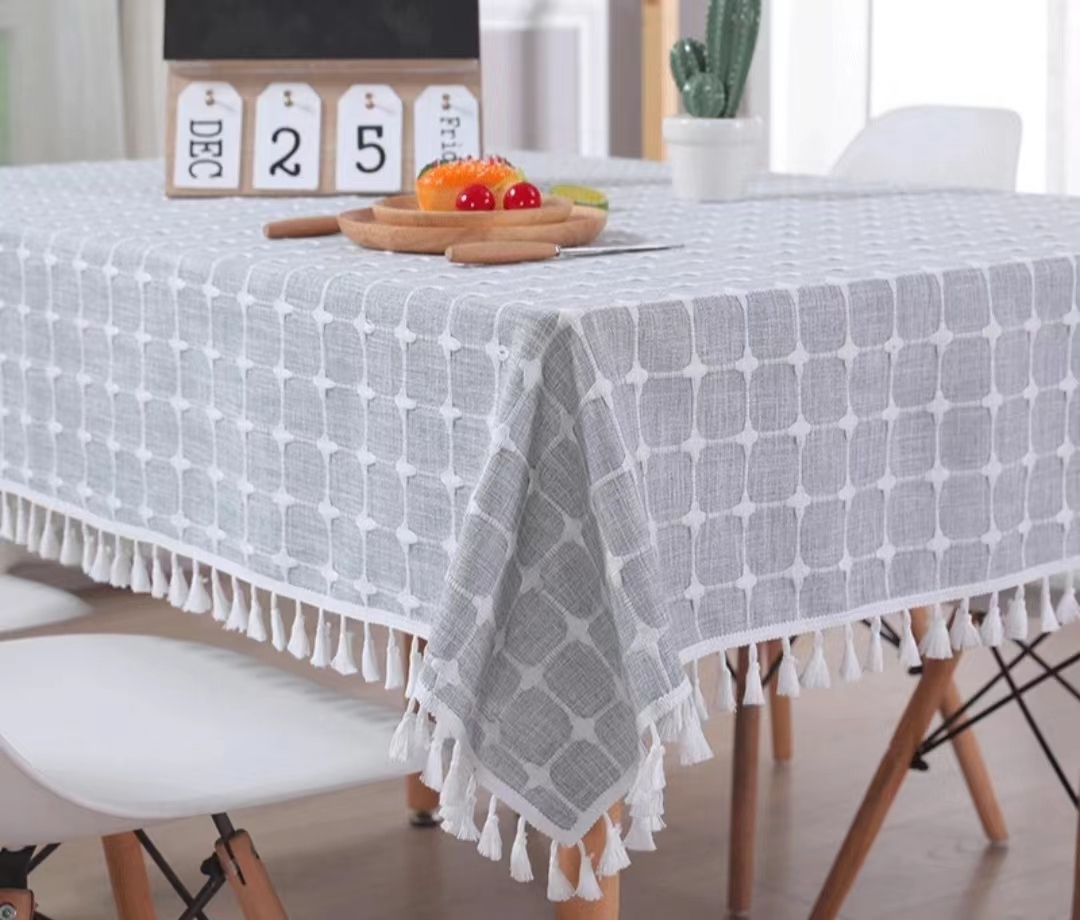 竹节麻梅花十字格桌布.