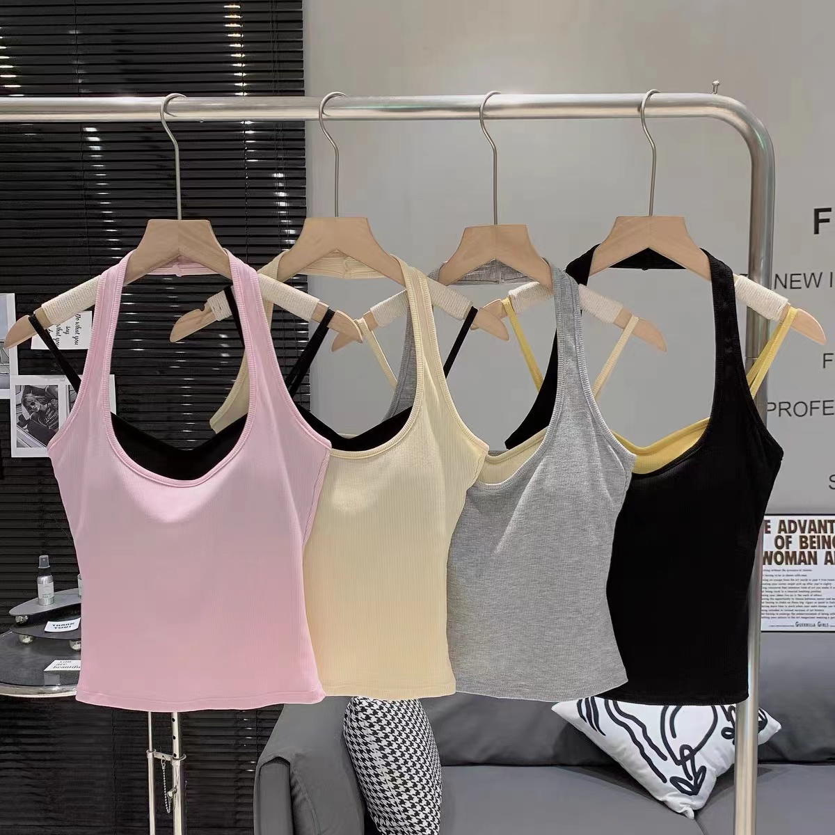 多巴胺假两件挂脖吊带带胸垫背心女外穿夏季泰式小众外穿上衣详情2