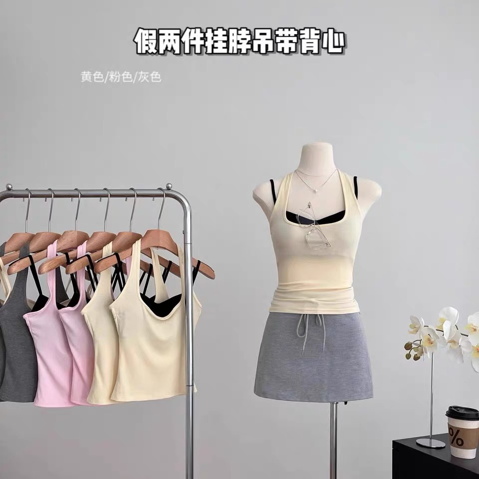 多巴胺假两件挂脖吊带带胸垫背心女外穿夏季泰式小众外穿上衣详情3