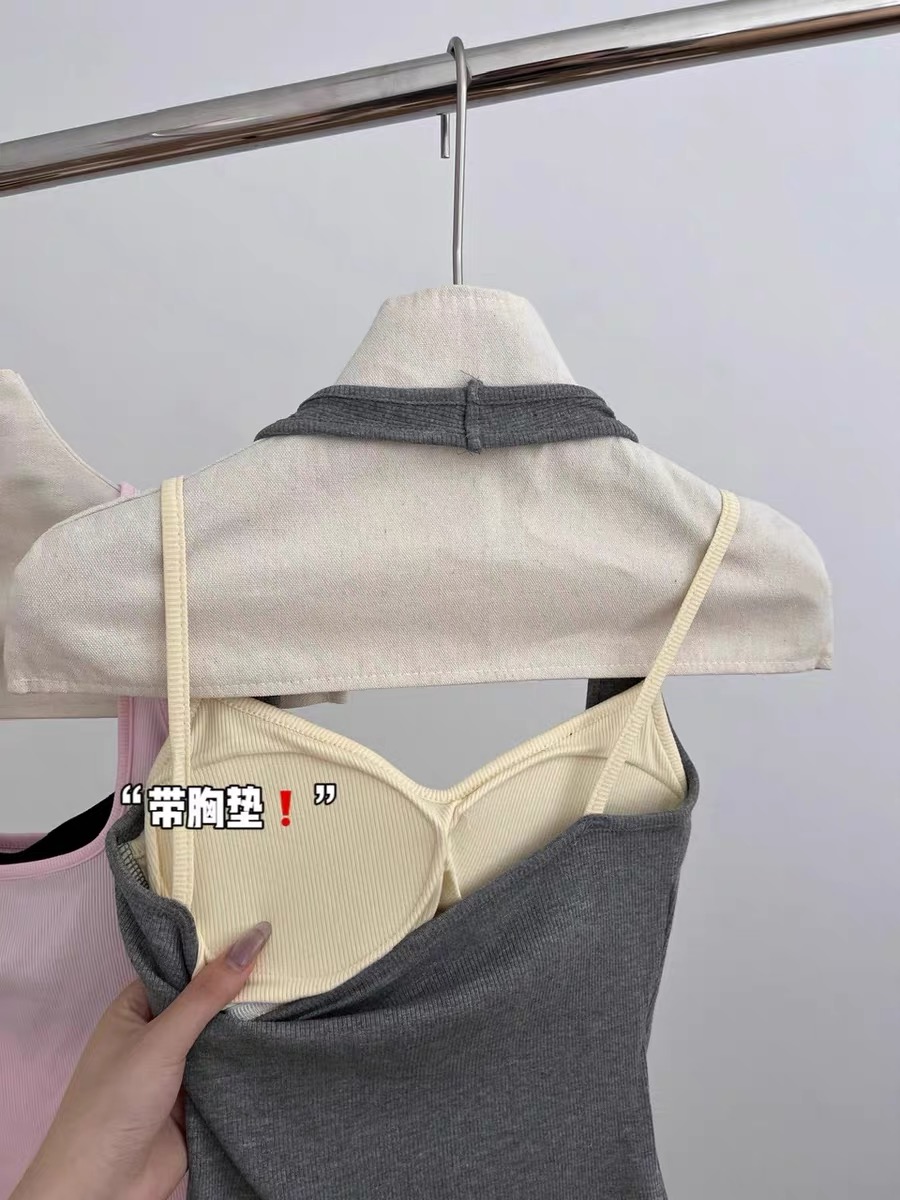 多巴胺假两件挂脖吊带带胸垫背心女外穿夏季泰式小众外穿上衣详情5