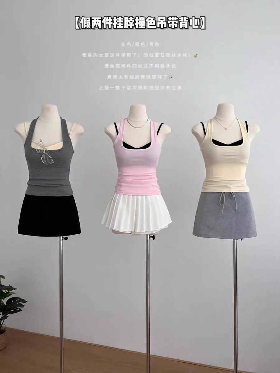 多巴胺假两件挂脖吊带带胸垫背心女外穿夏季泰式小众外穿上衣详情4