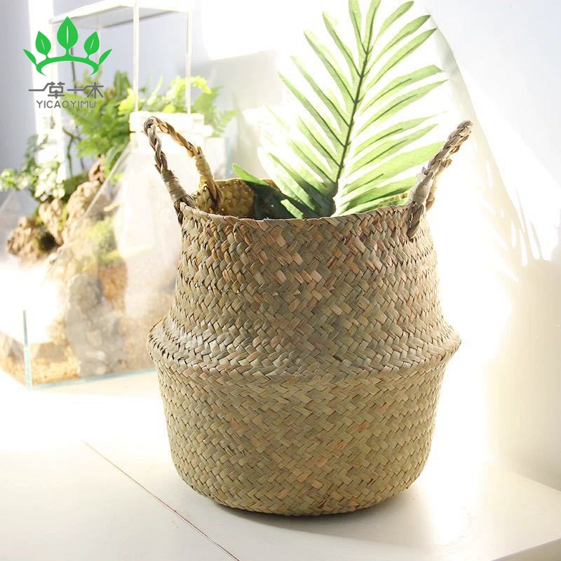 北欧花篮手提编织篮花盆草编竹编植物草编落地折叠草编包篮子编织