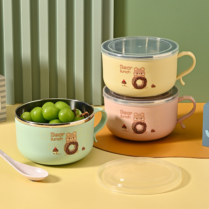 M73-9999-1 Stainless steel instant noodle bowl, cartoon stainless steel round lunch box, Chinese portable heat-insulating stainless steel details Picture
