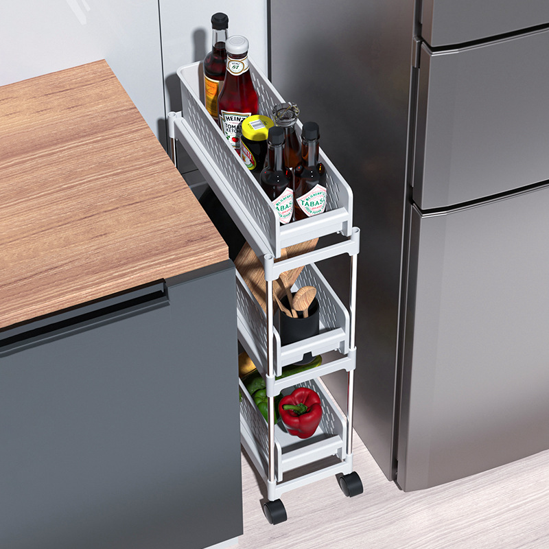 Portable vegetable basket storage rack, bedroom and living room snack and toy storage rack, plastic thickened storage rack with wheels Specification image