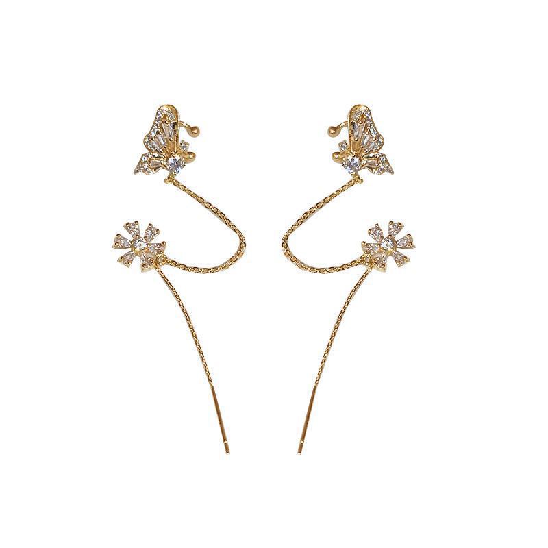 Douyin's same style butterfly flower one-piece earrings, ear bone clip, Korean style, cold and cool, dynamic butterfly ear line Item Picture