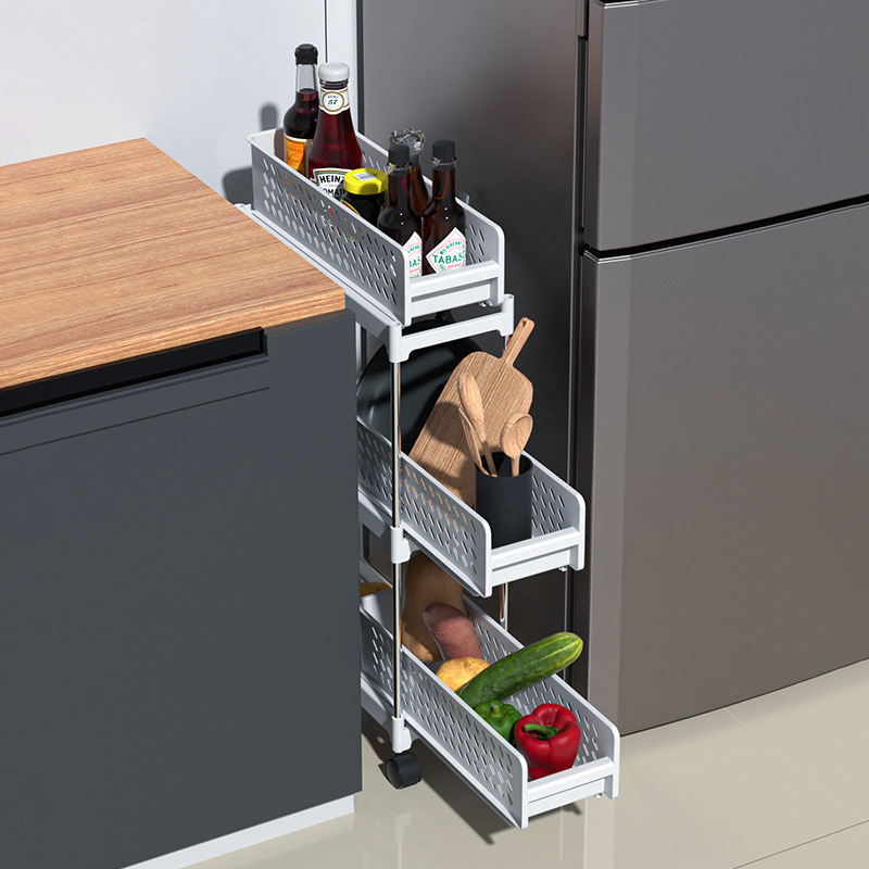 Portable vegetable basket storage rack, bedroom and living room snack and toy storage rack, plastic thickened storage rack with wheels Application Scenario