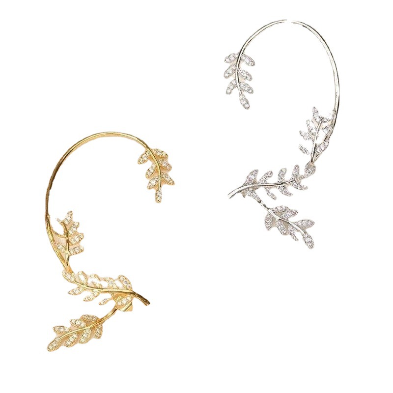 Douyin's full-diamond leaf ear pendants for women, detachable and wearable in pairs, this unique design of Golden Branch and Jade leaf ear studs for women Item Picture