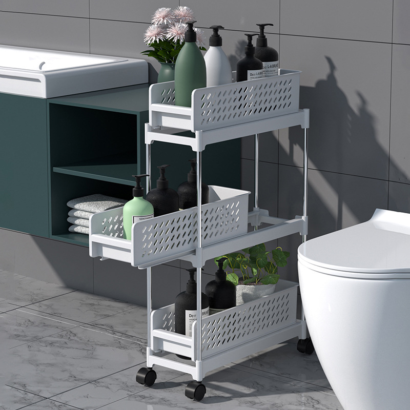 Portable vegetable basket storage rack, bedroom and living room snack and toy storage rack, plastic thickened storage rack with wheels details Picture