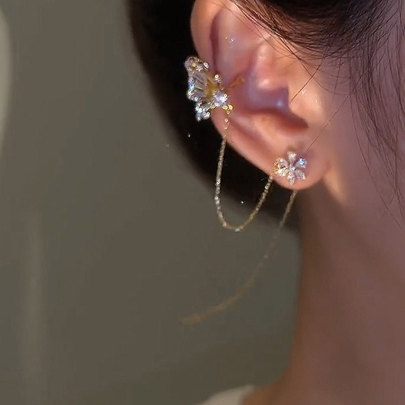 Douyin's same style butterfly flower one-piece earrings, ear bone clip, Korean style, cold and cool, dynamic butterfly ear line details Picture