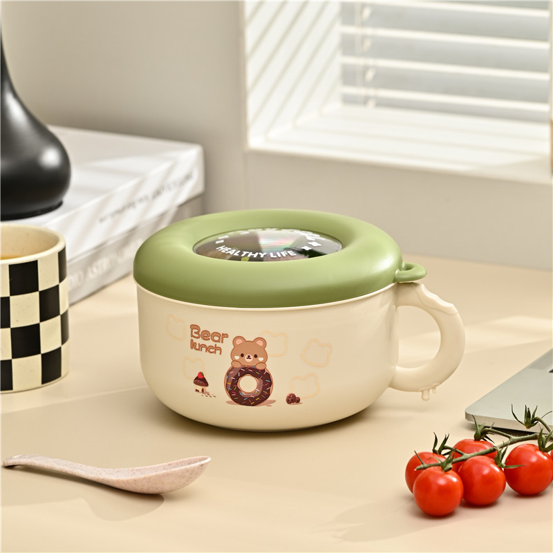M73-9980 student's exquisite and cute cartoon-patterned round lunch box, portable bowl, 304 stainless steel instant noodle bowl Application Scenario