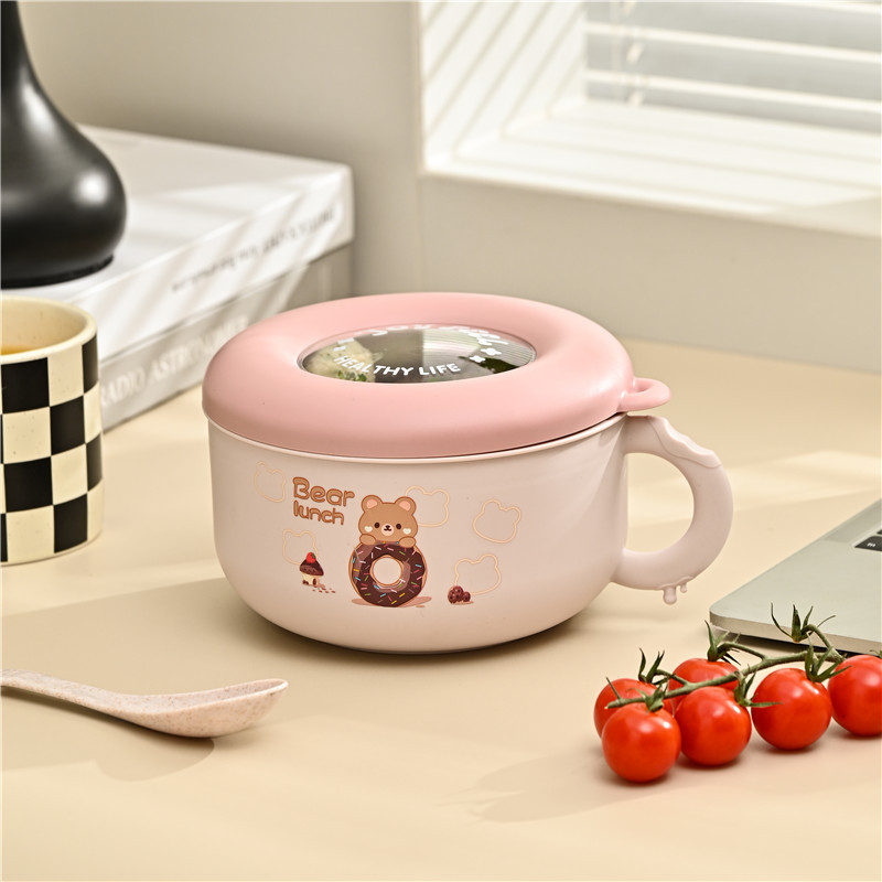M73-9980 student's exquisite and cute cartoon-patterned round lunch box, portable bowl, 304 stainless steel instant noodle bowl details Picture