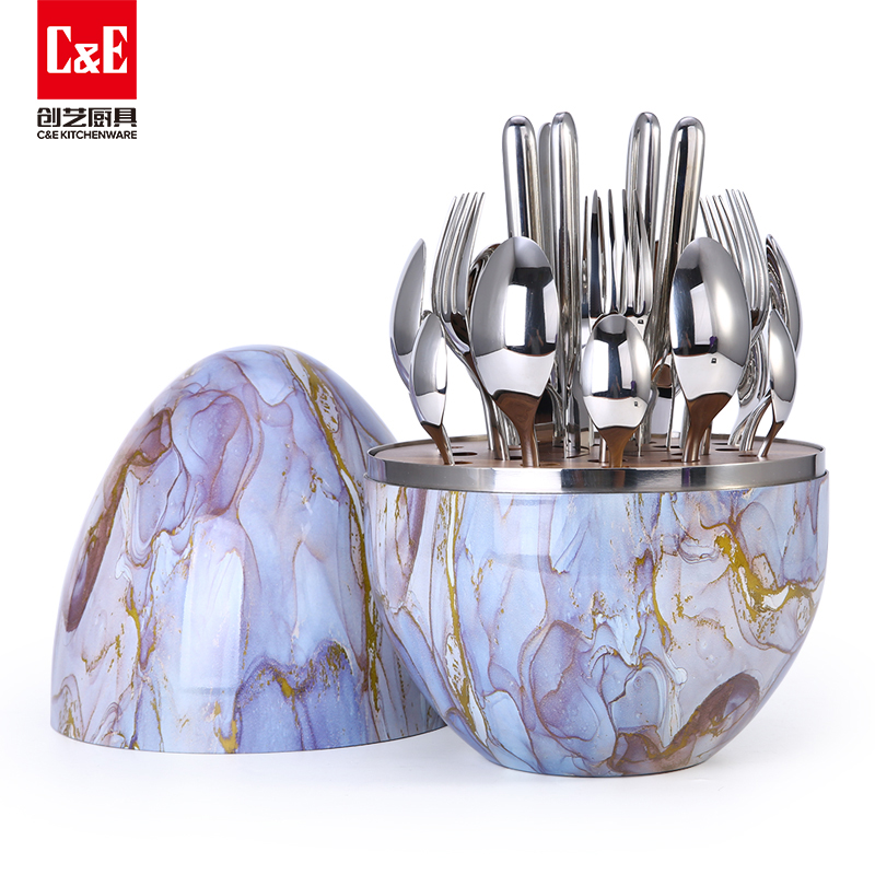 C&E Creative Knives, Forks and Spoons 24-piece set, egg-shaped storage, stainless steel tableware, gifts, kitchenware, hotel, restaurant, home use