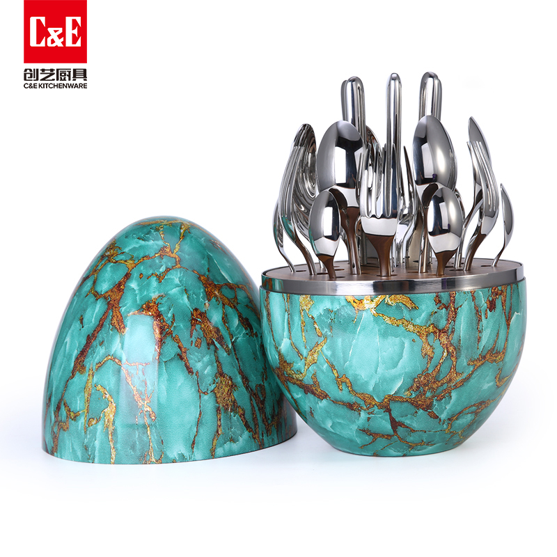 C&E Creative Knives, Forks and Spoons 24-piece set, egg-shaped storage, stainless steel tableware, gifts, kitchenware, hotel, restaurant, home use Specification image