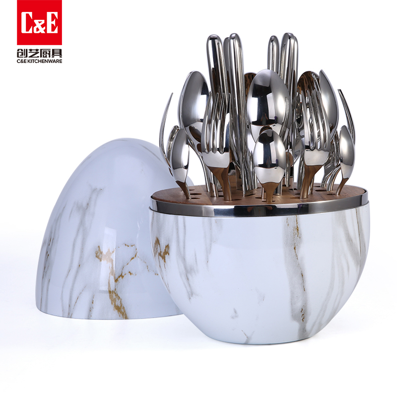C&E Creative Knives, Forks and Spoons 24-piece set, egg-shaped storage, stainless steel tableware, gifts, kitchenware, hotel, restaurant, home use Item Picture