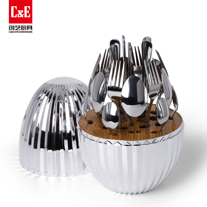 C&E Creative Knives, Forks and Spoons 24-piece set, high appearance level, egg-shaped storage, stainless steel tableware, gifts, kitchenware, hotel, restaurant, home use