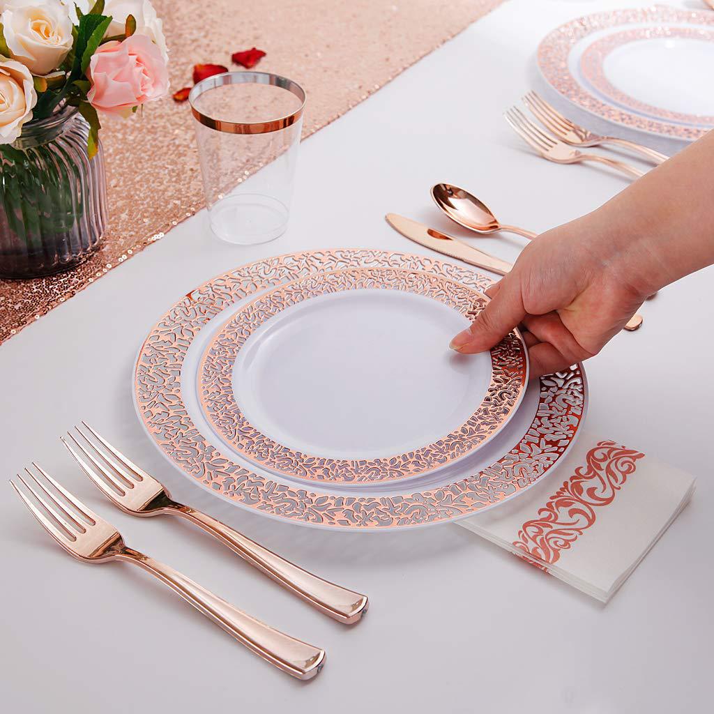 150 pieces of rose gold plastic plates and tableware, hollowed-out and ironed rose gold knives, forks, spoons and basins