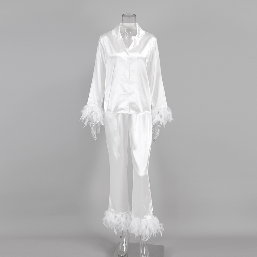 T时尚鸵鸟毛冰丝睡衣羽毛家居服秋季上新欧美衬衣两件套女长睡衣详情5