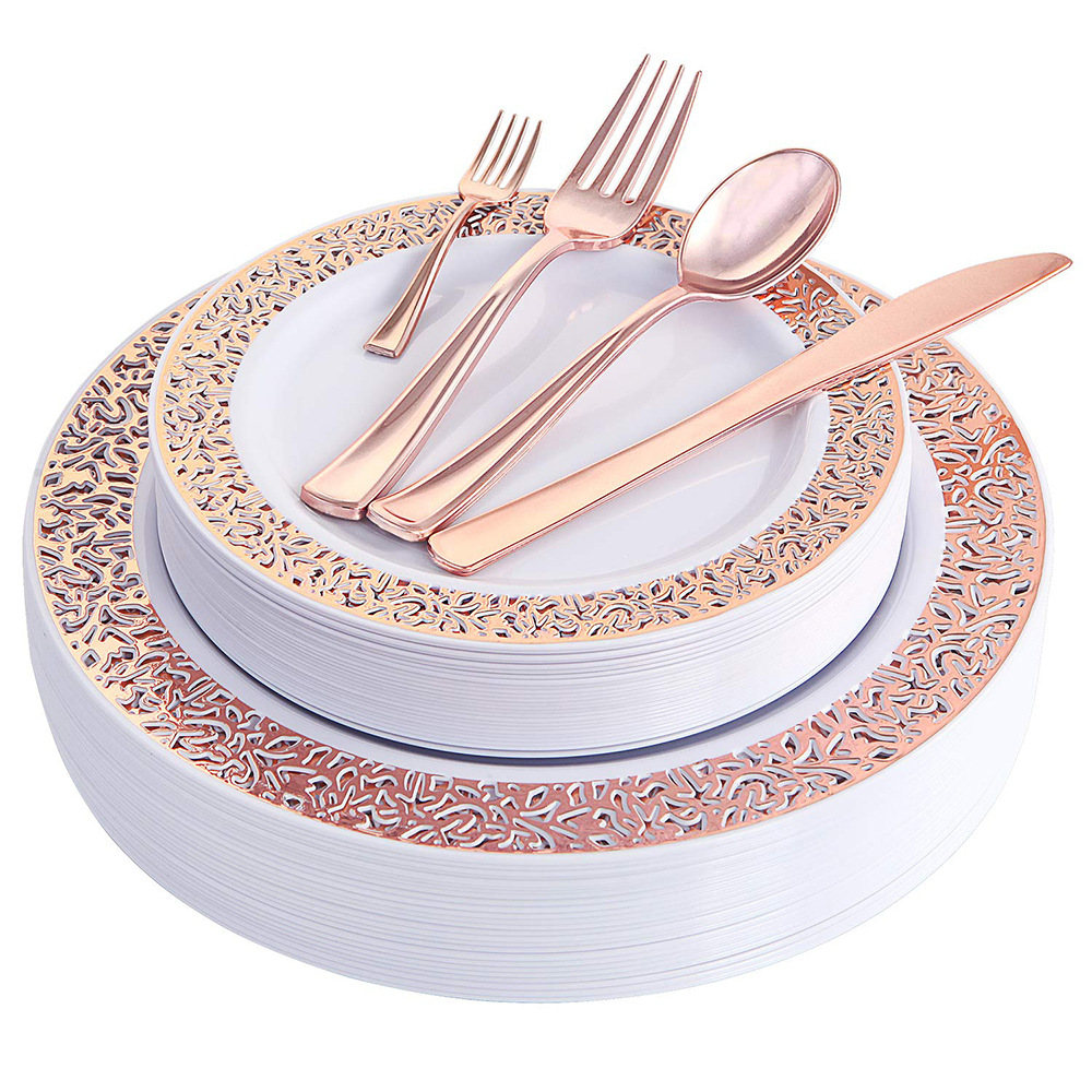 150 pieces of rose gold plastic plates and tableware, hollowed-out and ironed rose gold knives, forks, spoons and basins details Picture