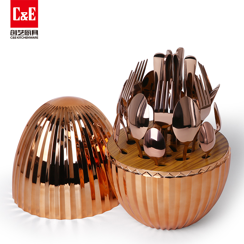 C&E Creative Knives, Forks and Spoons 24-piece set, high appearance level, egg-shaped storage, stainless steel tableware, gifts, kitchenware, hotel, restaurant, home use Specification image