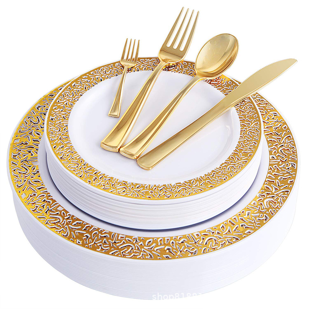 150 pieces of rose gold plastic plates and tableware, hollowed-out and ironed rose gold knives, forks, spoons and basins Specification image