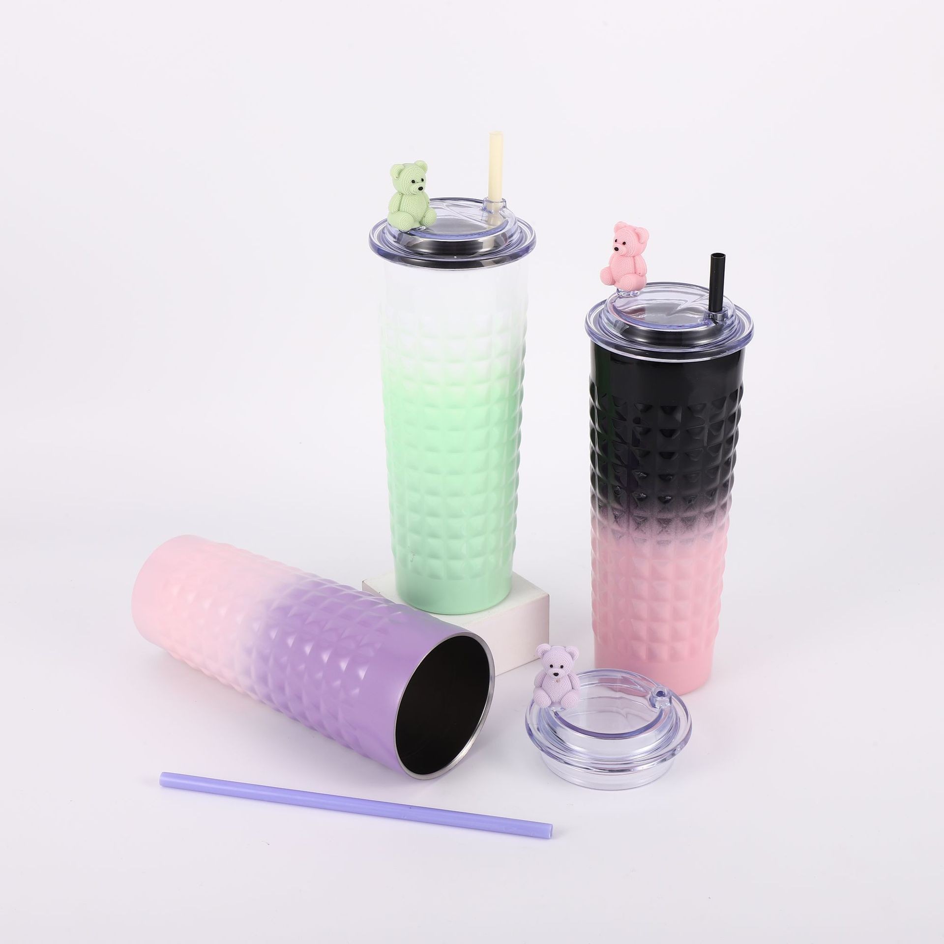 H185- Hammer-textured durian Insulated Cup, gradient color Stainless Steel Cartoon Straw Cup, Portable Cup, Transparent lid Coffee Cup, Insulated Cup details Picture