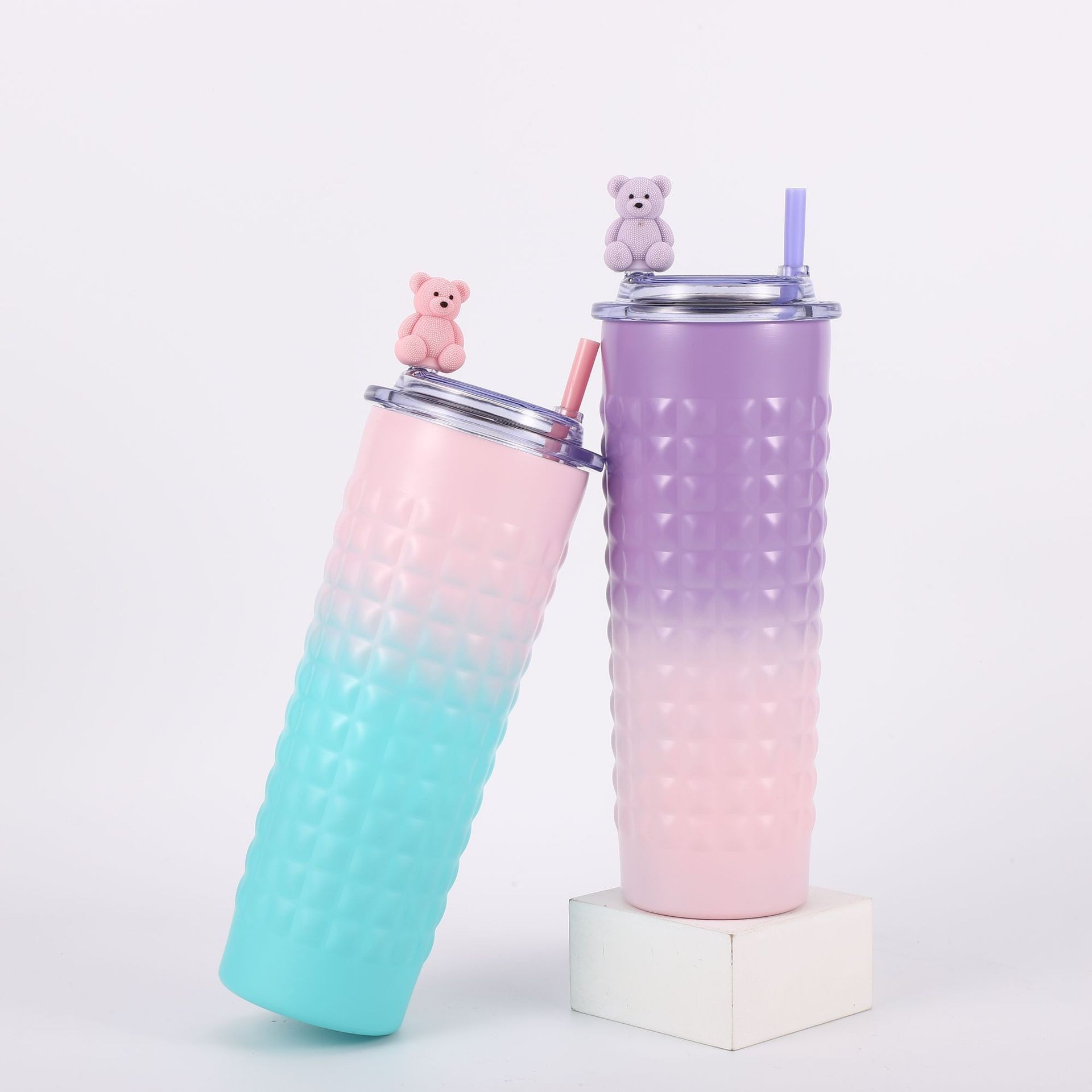 H185- Hammer-textured durian Insulated Cup, gradient color Stainless Steel Cartoon Straw Cup, Portable Cup, Transparent lid Coffee Cup, Insulated Cup Specification image