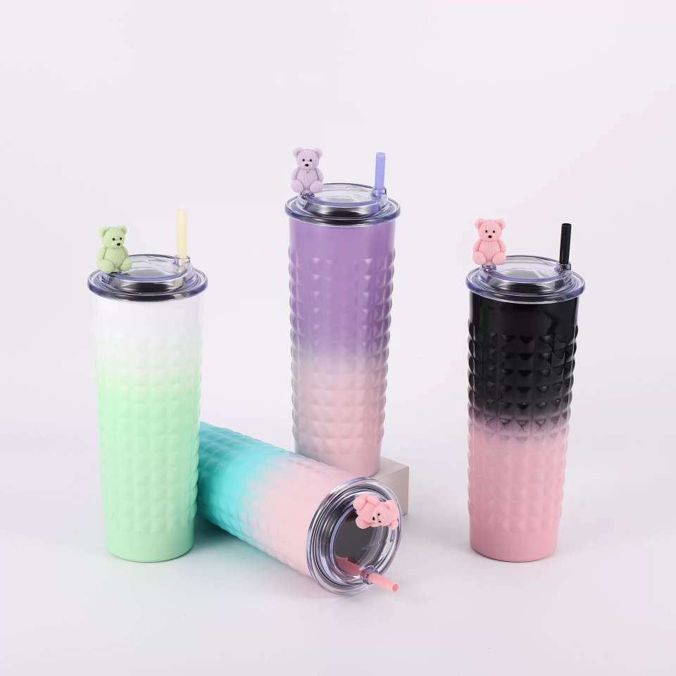 H185- Hammer-textured durian Insulated Cup, gradient color Stainless Steel Cartoon Straw Cup, Portable Cup, Transparent lid Coffee Cup, Insulated Cup detail image 2