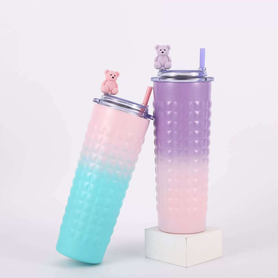 H185- Hammer-textured durian Insulated Cup, gradient color Stainless Steel Cartoon Straw Cup, Portable Cup, Transparent lid Coffee Cup, Insulated Cup detail image 6