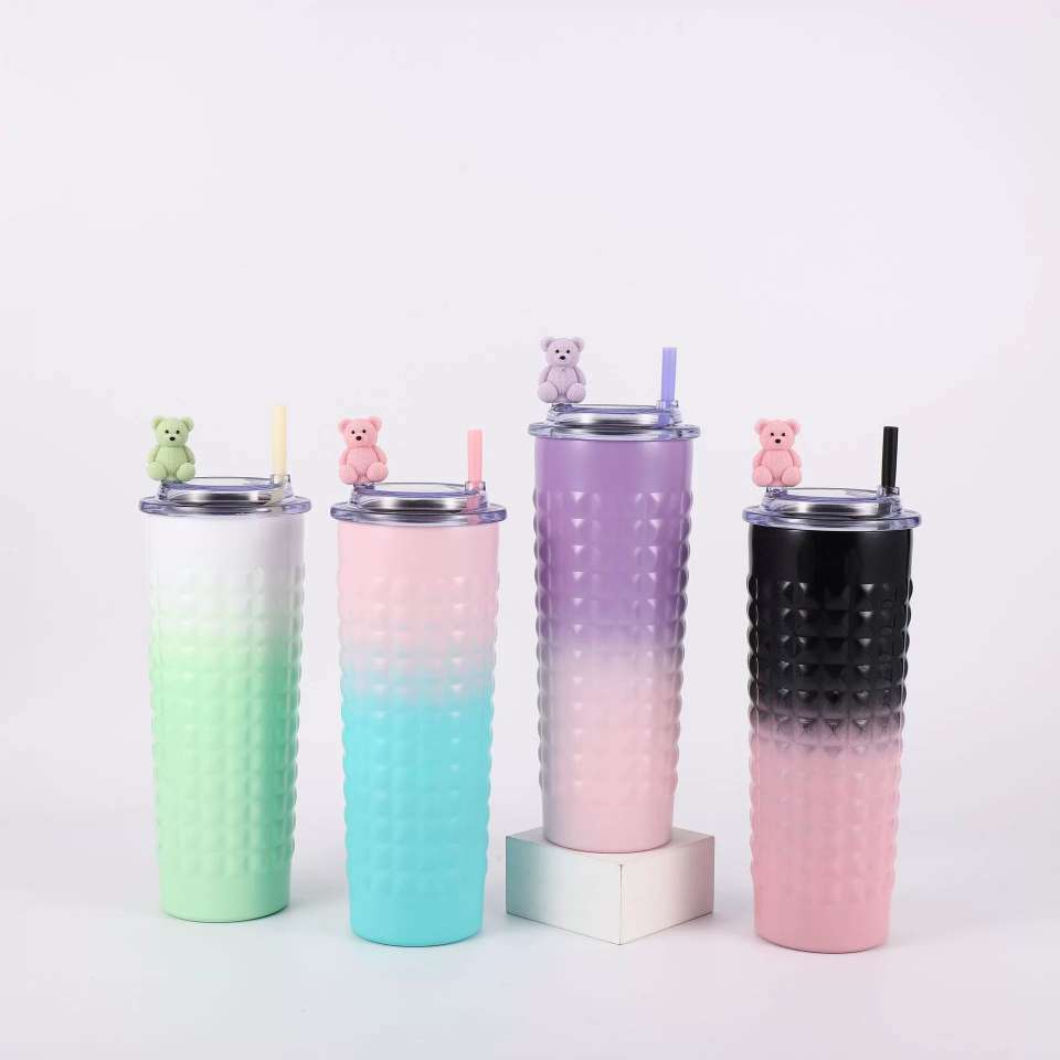 H185- Hammer-textured durian Insulated Cup, gradient color Stainless Steel Cartoon Straw Cup, Portable Cup, Transparent lid Coffee Cup, Insulated Cup detail image 4