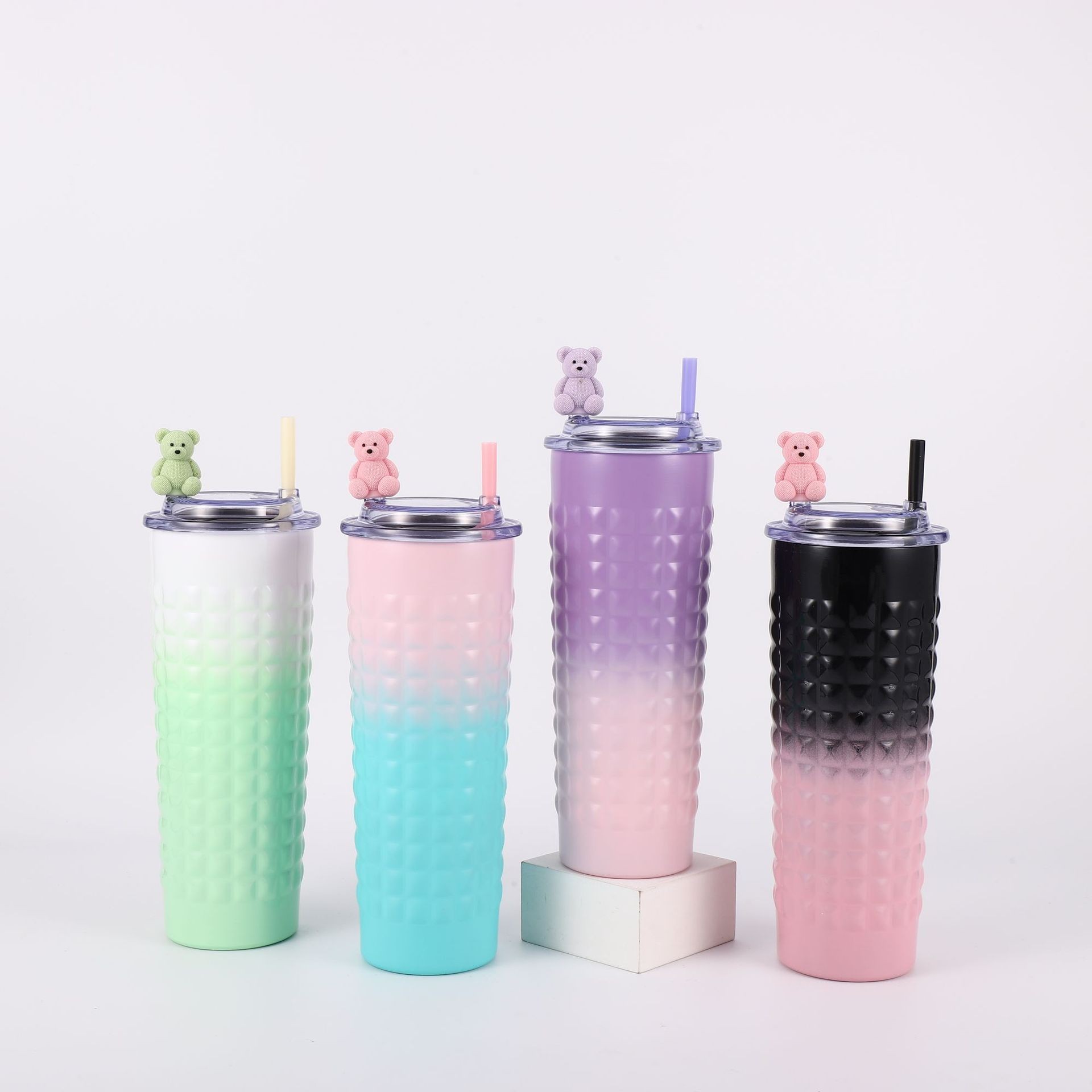 H185- Hammer-textured durian Insulated Cup, gradient color Stainless Steel Cartoon Straw Cup, Portable Cup, Transparent lid Coffee Cup, Insulated Cup detail image 1