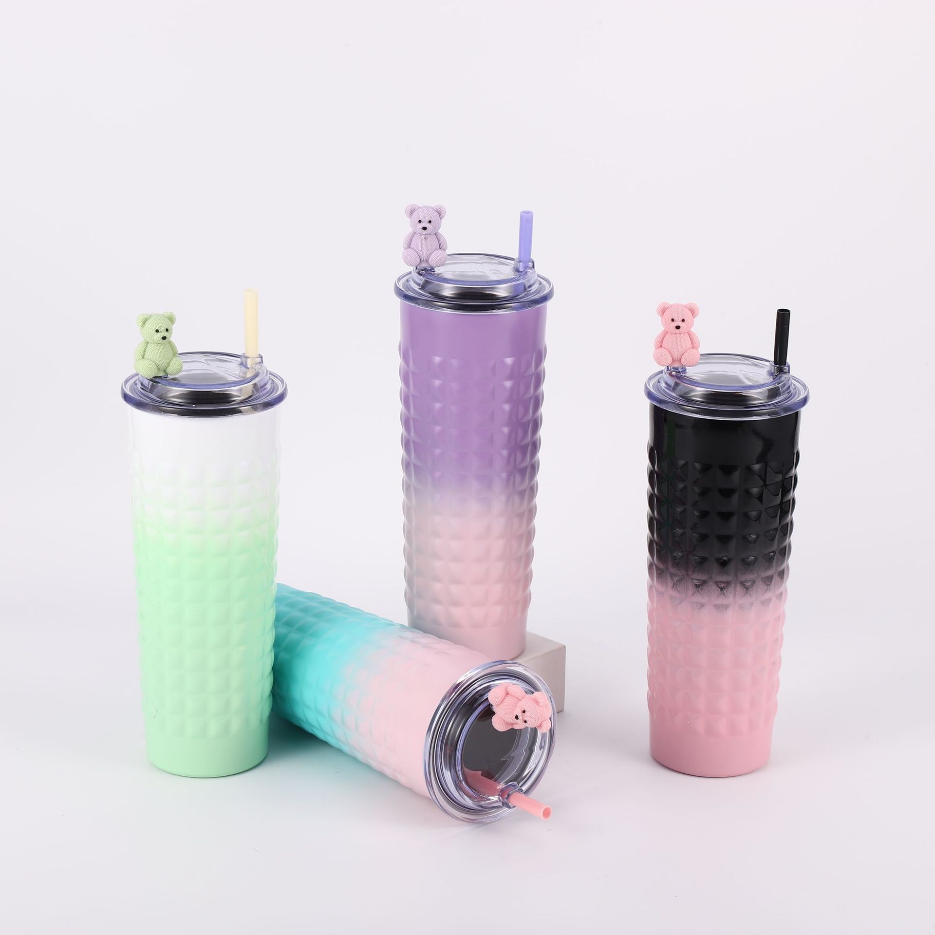 H185- Hammer-textured durian Insulated Cup, gradient color Stainless Steel Cartoon Straw Cup, Portable Cup, Transparent lid Coffee Cup, Insulated Cup