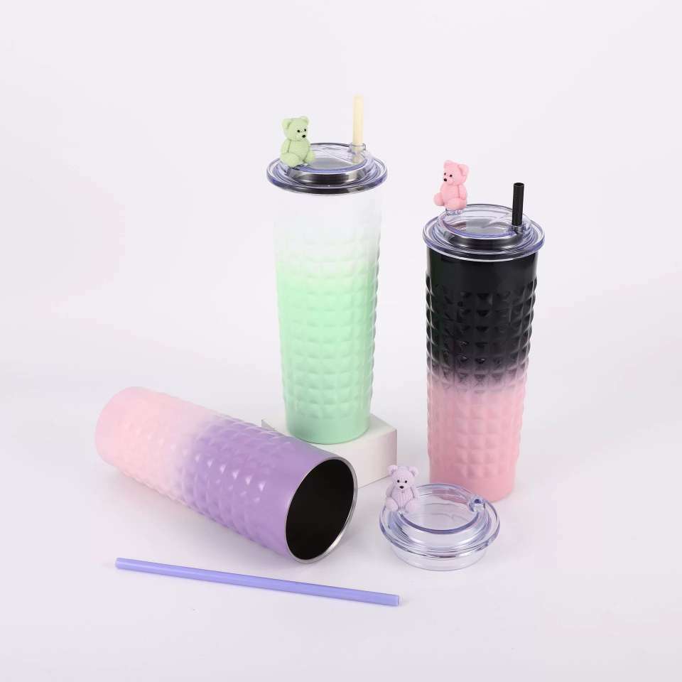 H185- Hammer-textured durian Insulated Cup, gradient color Stainless Steel Cartoon Straw Cup, Portable Cup, Transparent lid Coffee Cup, Insulated Cup detail image 3