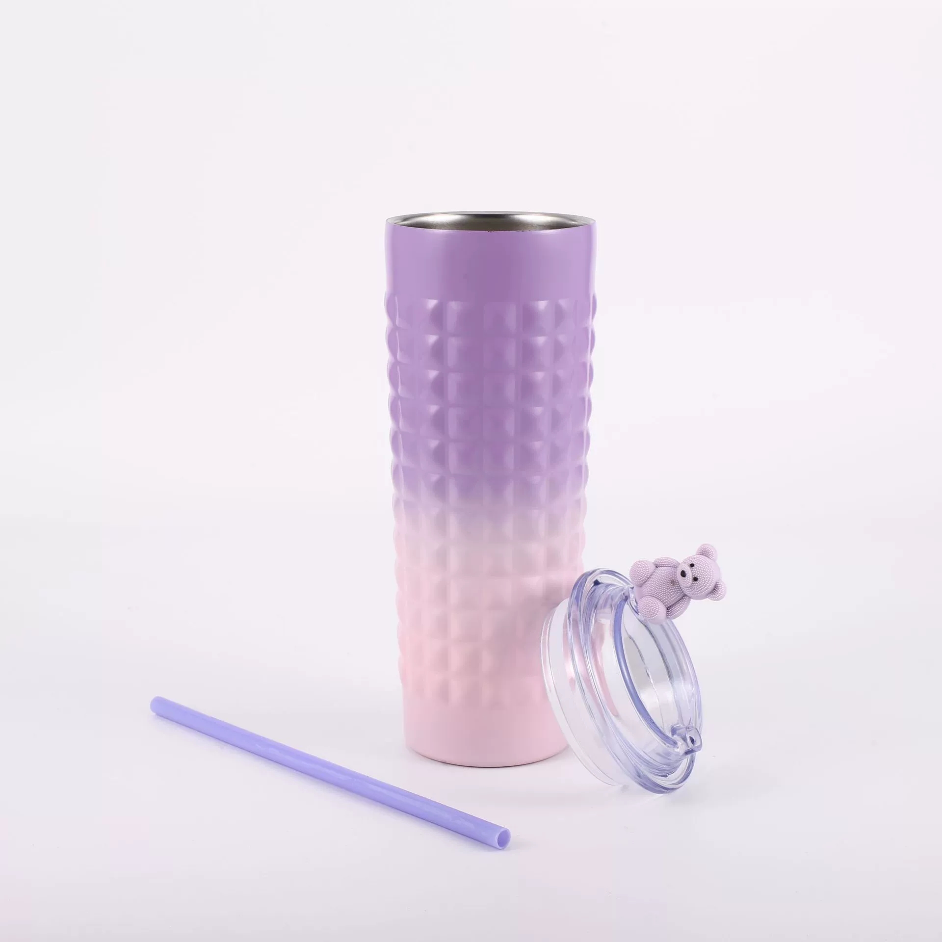 H185- Hammer-textured durian Insulated Cup, gradient color Stainless Steel Cartoon Straw Cup, Portable Cup, Transparent lid Coffee Cup, Insulated Cup detail image 9