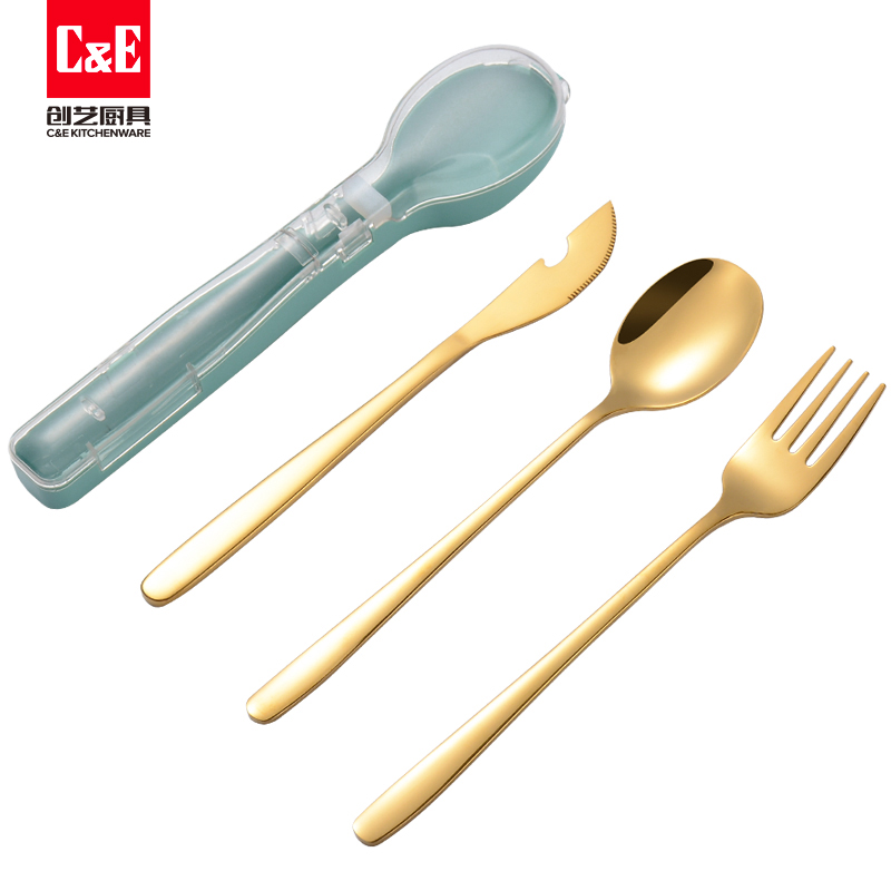C&E Creative 3-piece knife, fork and spoon Set with storage box, outdoor portable tableware, stainless steel, for students, office workers and home use