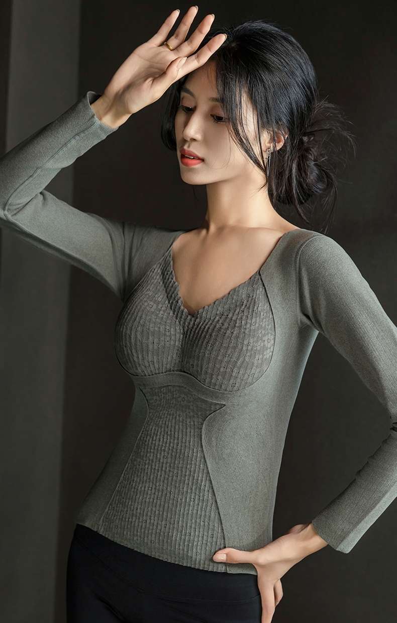 Imperial 8816 Long Sleeve Lace Fleece Shaped Warm With Chest Pad Seamless Base For Women Lace Fleece Fixed Cup One Warm Underwear For Women undefined
