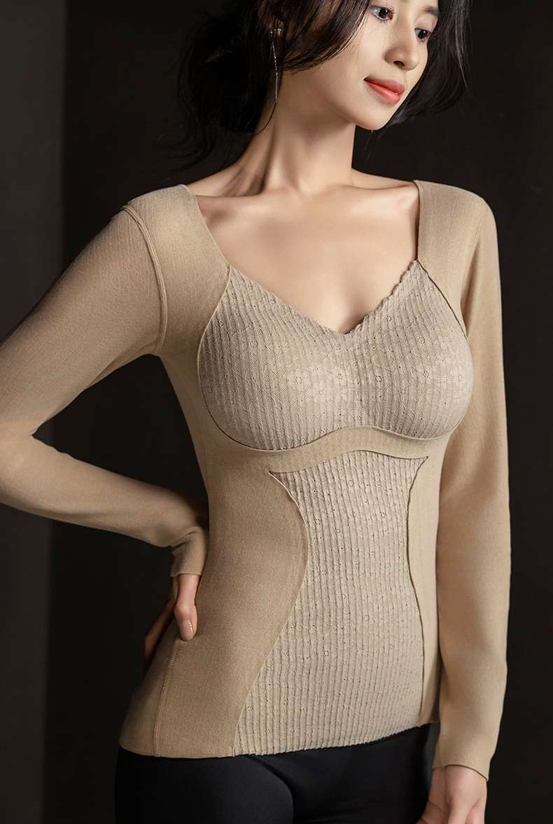 Imperial 8816 Long Sleeve Lace Fleece Shaped Warm With Chest Pad Seamless Base For Women Lace Fleece Fixed Cup One Warm Underwear For Women undefined