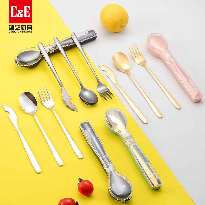 C&E Creative 3-piece knife, fork and spoon Set with storage box, outdoor portable tableware, stainless steel, for students, office workers and home use Specification image