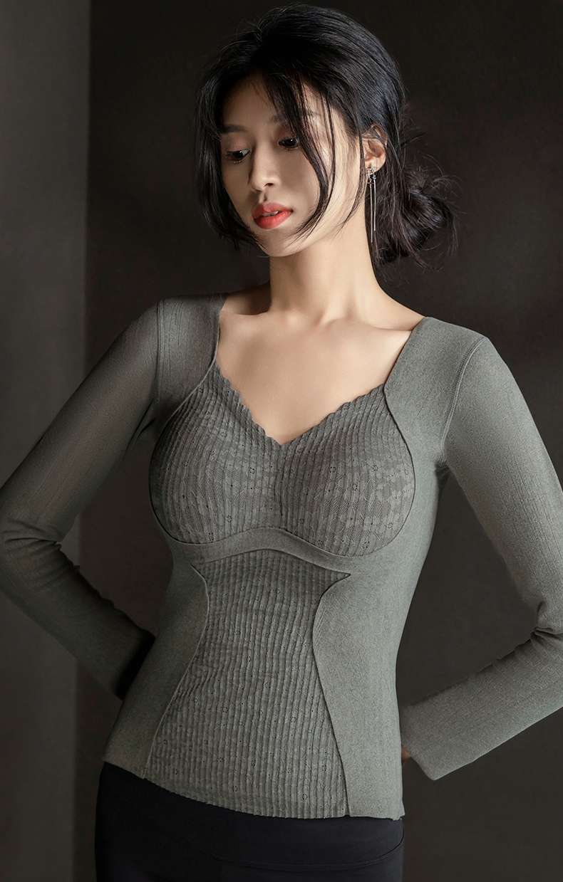 Imperial 8816 Long Sleeve Lace Fleece Shaped Warm With Chest Pad Seamless Base For Women Lace Fleece Fixed Cup One Warm Underwear For Women undefined