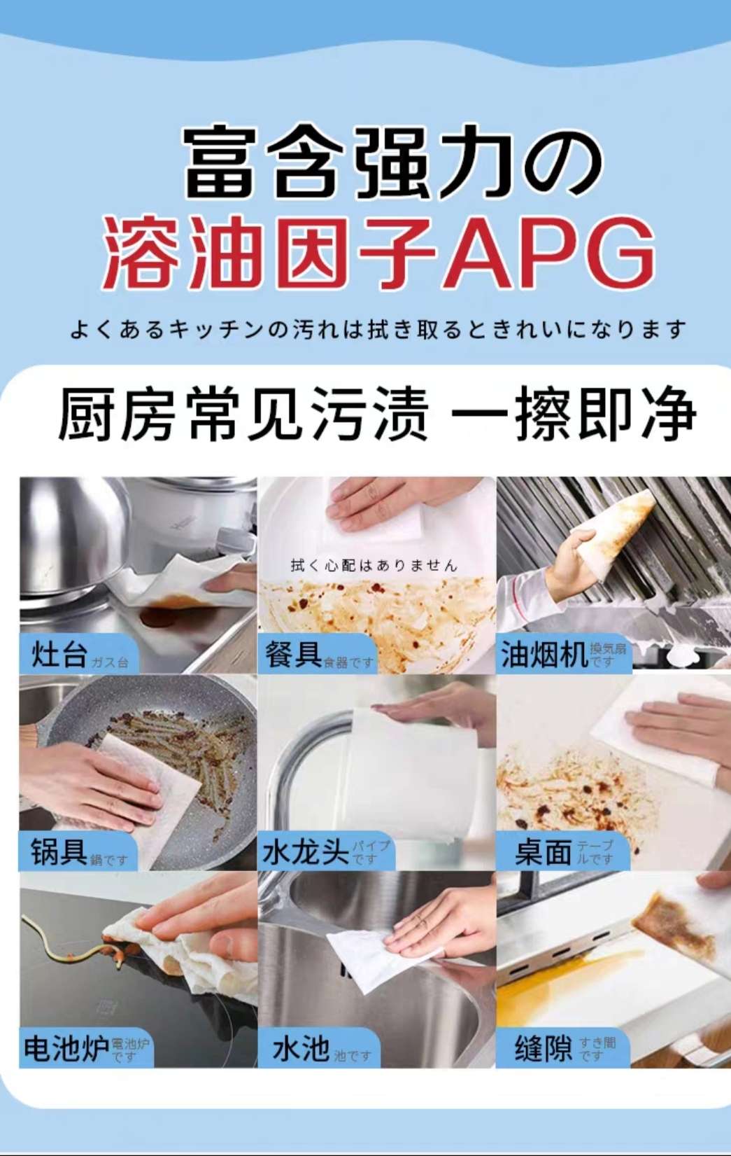 CCOKIO kitchen cleaning wet wipes paper for removing oil and dirt, household APG, enlarged and thickened, with lid, family size Application Scenario